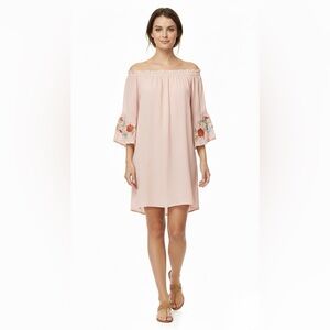 Angela Fashion Pink Rayon Boho Floral Embroidered Off Shoulder Mini Dress S